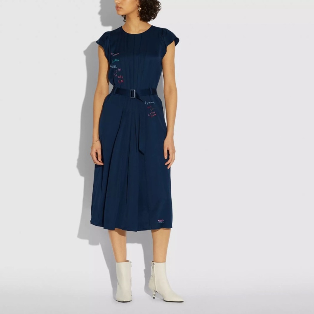 Coach sleeveless pleated embroidered navy belted midi dress